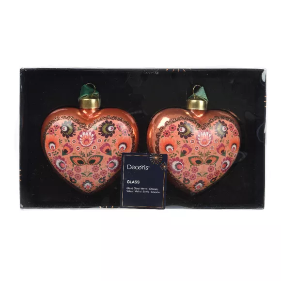Eminza Lot De 2 Cœurs En Verre (H9 Cm) Bolchoï Fleuri Vieux Rose