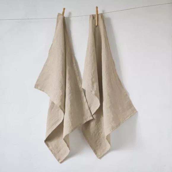 Eminza Lot De 2 Essuie-mains Lin Lavé (50 X 70 Cm) Louise Beige