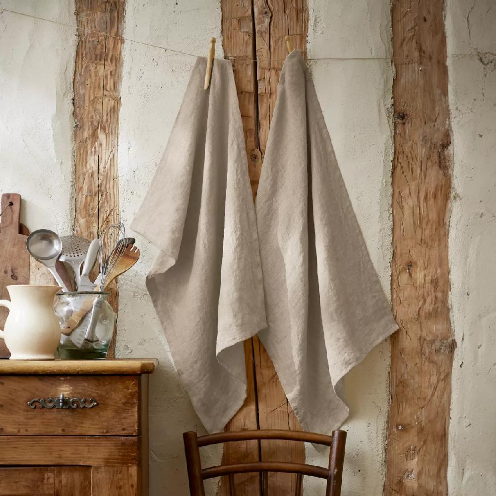 eminza Lot de 2 essuie-mains lin lavé (50 x 70 cm) Louise Beige