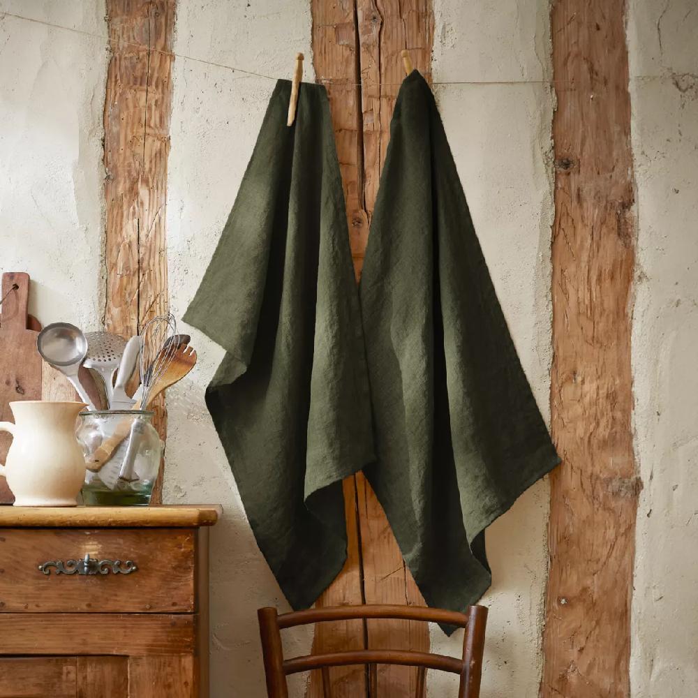 eminza Lot de 2 essuie-mains lin lavé (50 x 70 cm) Louise Vert romarin