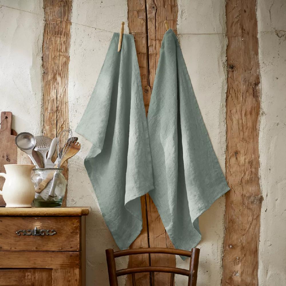eminza Lot de 2 essuie-mains lin lavé (50 x 70 cm) Louise Vert eucalyptus
