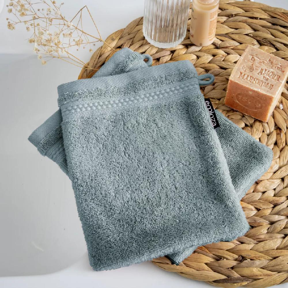eminza Lot de 2 gants de toilette coton bio (15 x 21 cm) Méline Bleu glacier