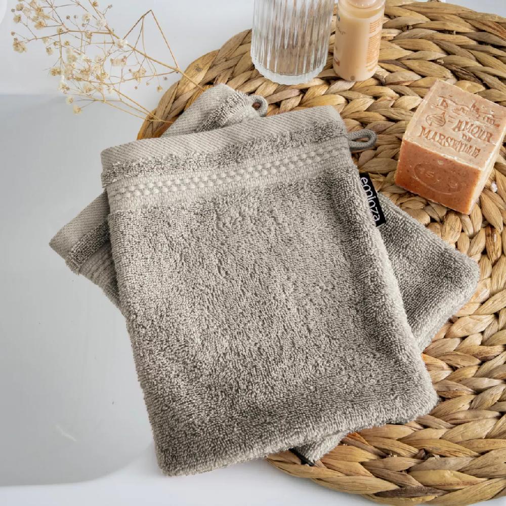 eminza Lot de 2 gants de toilette coton bio (15 x 21 cm) Méline Gris argile