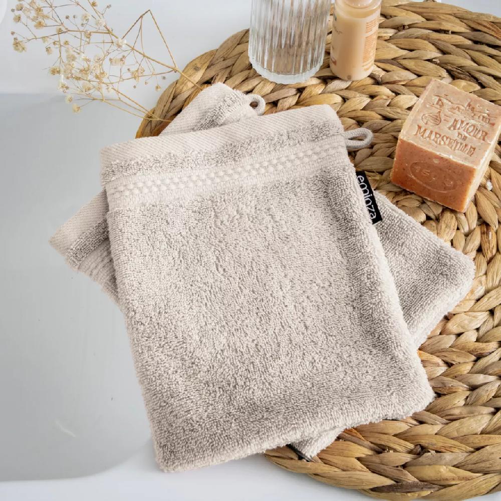 eminza Lot de 2 gants de toilette coton bio (15 x 21 cm) Méline Beige pampa