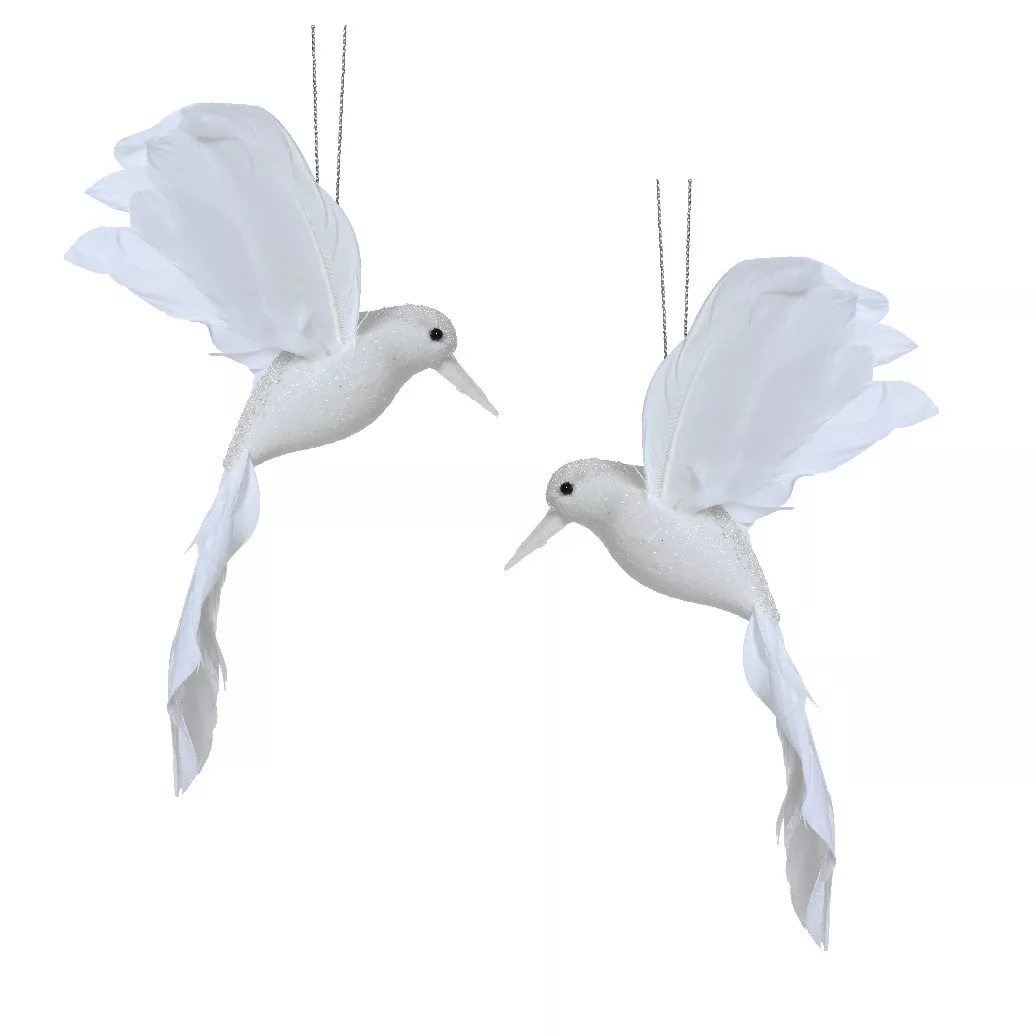 eminza Lot de 2 oiseaux à suspendre (H8 cm) Colibri de Noël Blanc