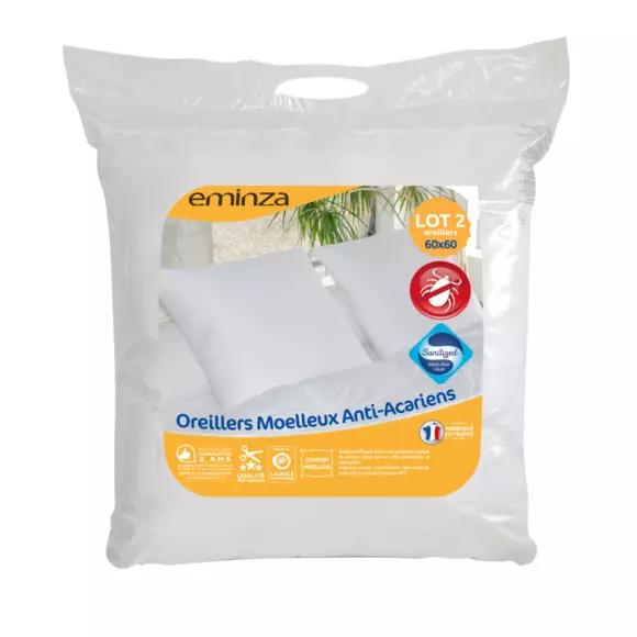 Eminza Lot De 2 Oreillers Carrés (60 X 60 Cm) Moelleux Anti-acariens Blanc