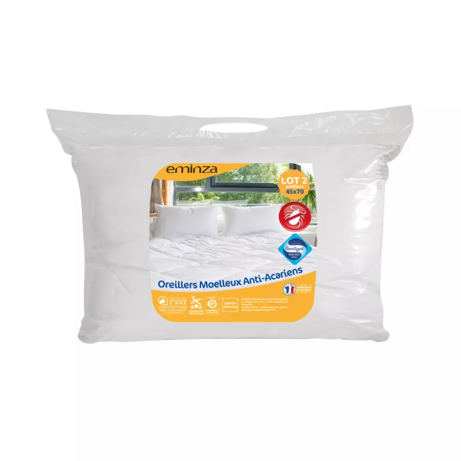 Eminza Lot De 2 Oreillers Rectangulaires (45 X 70 Cm) Moelleux Anti-acariens Blanc