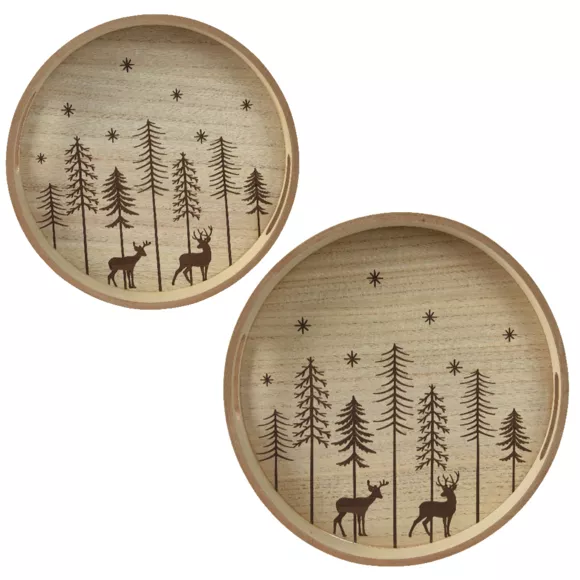 Eminza Lot De 2 Plateaux Ronds En Bois (D34-D29 Cm) Sapins De Noël