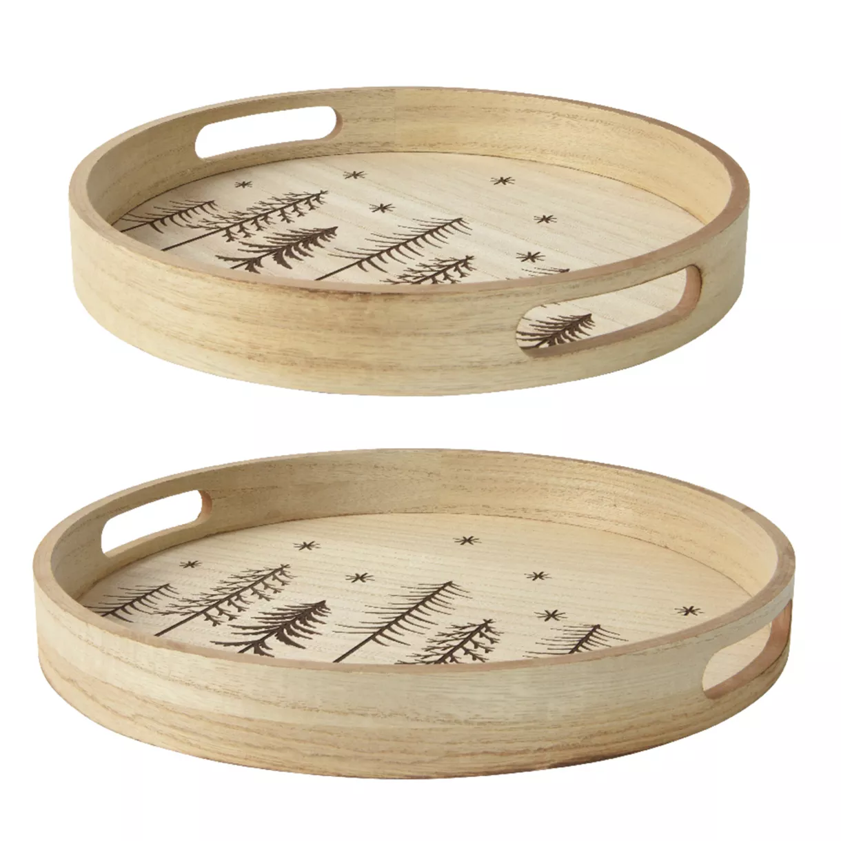 eminza Lot de 2 plateaux ronds en bois (D34-D29 cm) Sapins de Noël