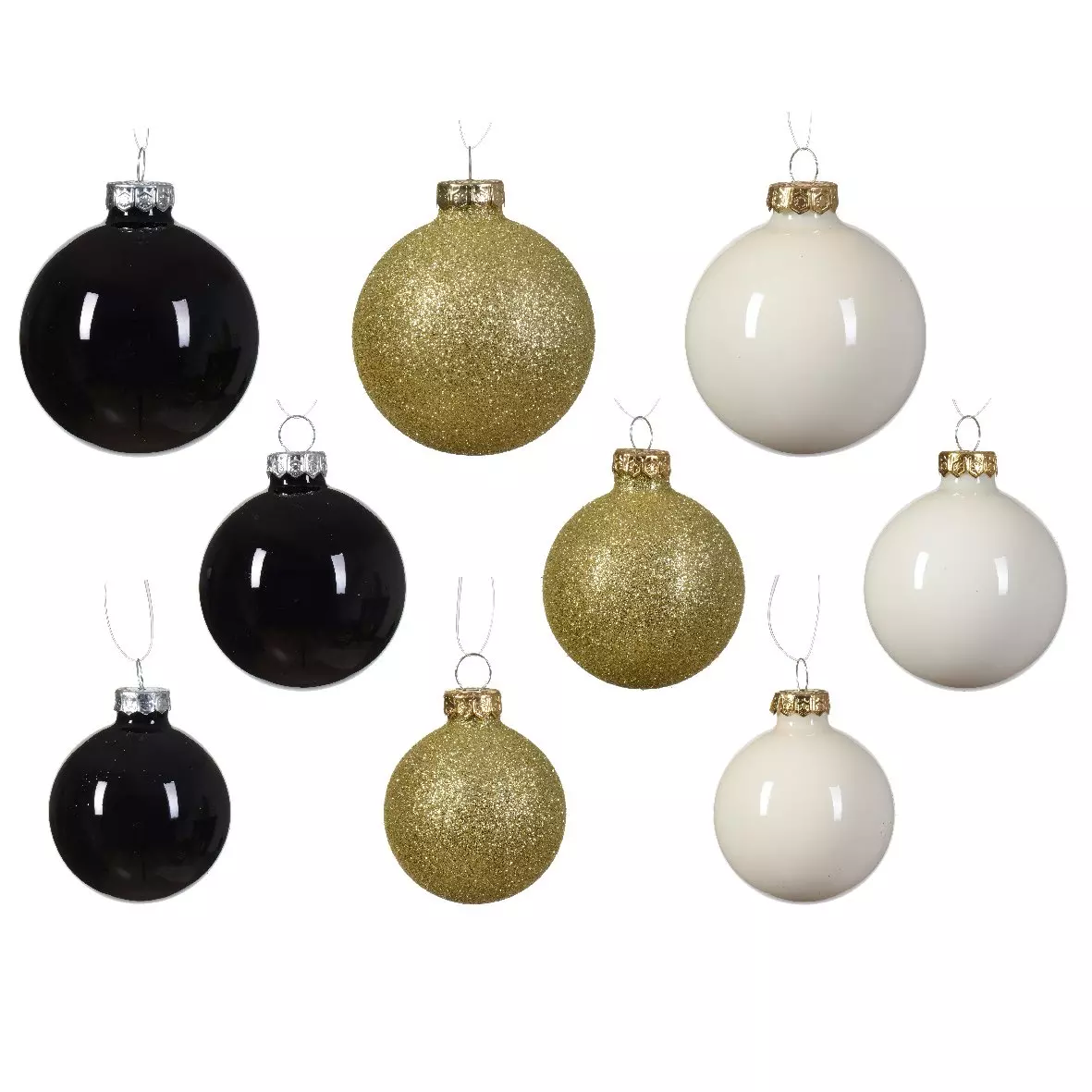 eminza Lot de 21 boules de Noël (D70 mm) Cristal en verre Blanc laine or et noir
