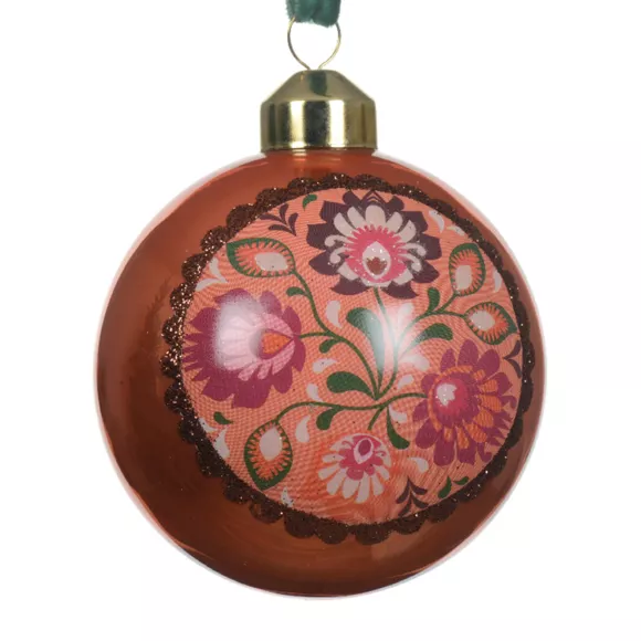 Eminza Lot De 3 Boules De Noël En Verre (D80 Mm) Bolchoï Fleuri Vieux Rose