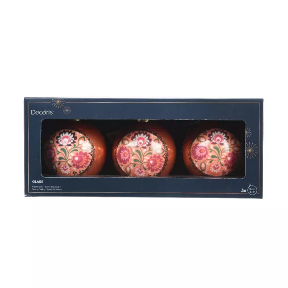 Eminza Lot De 3 Boules De Noël En Verre (D80 Mm) Bolchoï Fleuri Vieux Rose