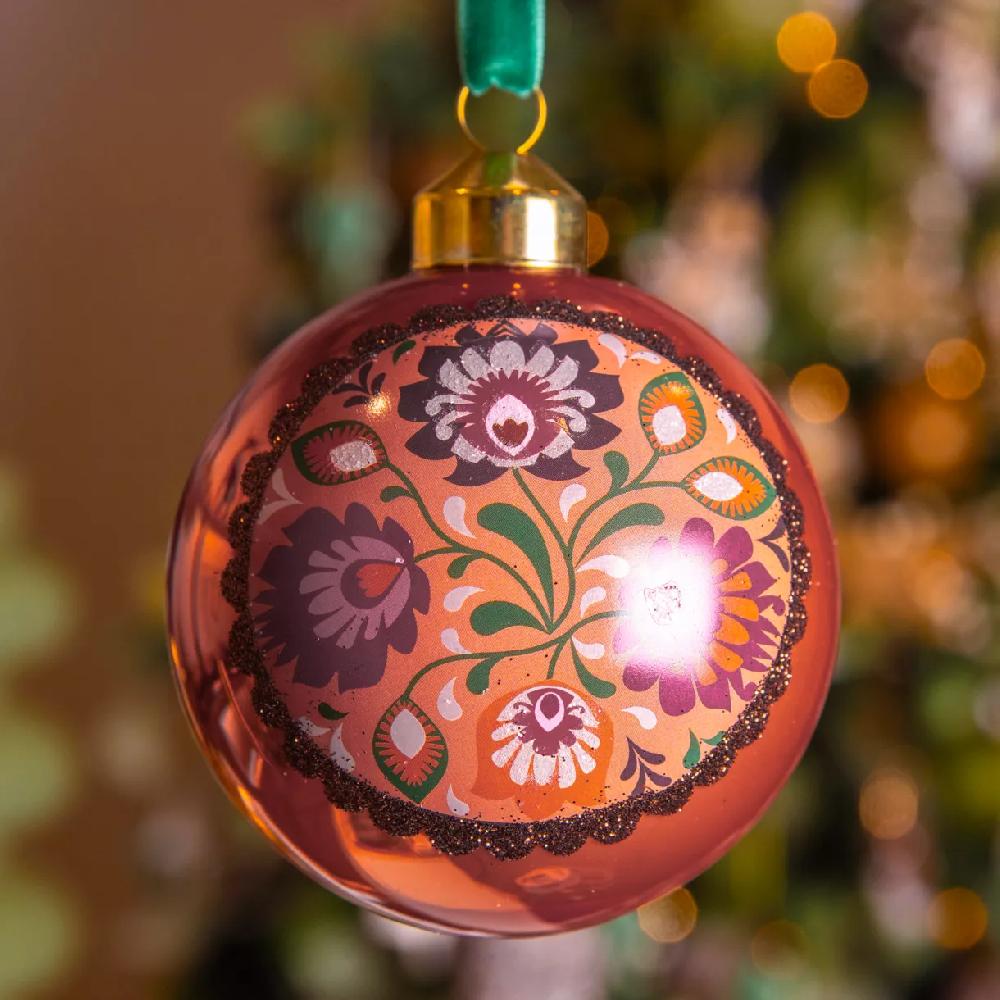 eminza Lot de 3 boules de Noël en verre (D80 mm) Bolchoï Fleuri Vieux rose