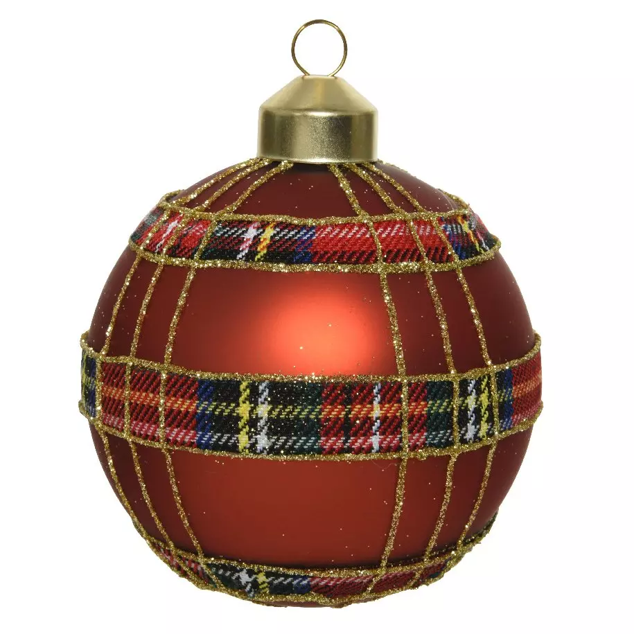 eminza Lot de 3 boules de Noël en verre (D80 mm) Ecossais Bordeaux