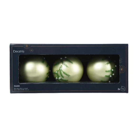 Eminza Lot De 3 Boules De Noël En Verre (D80 Mm) Feuillage D'hiver Thé Vert