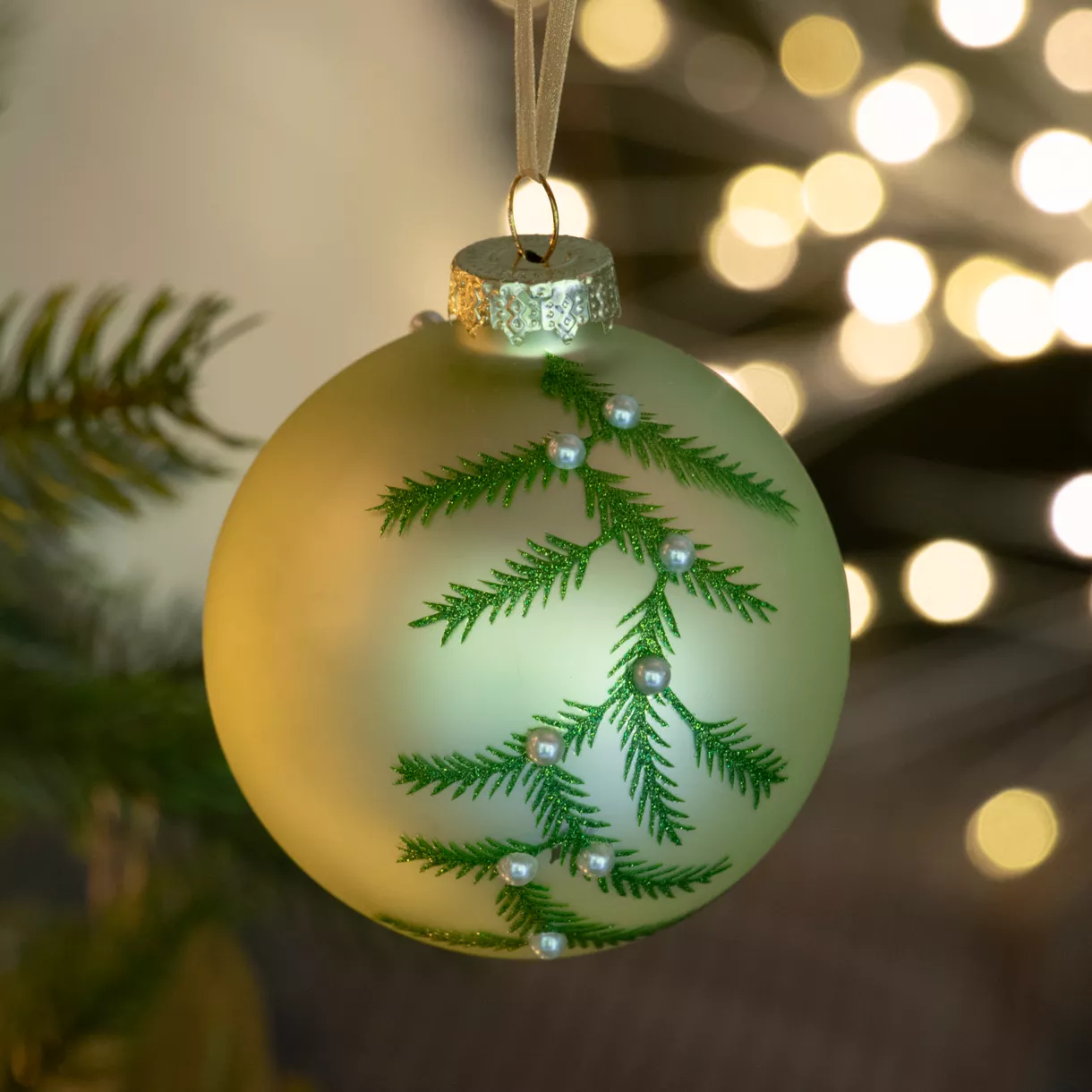 eminza Lot de 3 boules de Noël en verre (D80 mm) Feuillage d'hiver Thé vert
