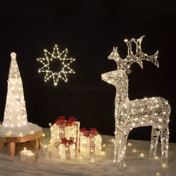 Eminza Lot De 3 Cadeaux Lumineux 65 LED (H25 Cm) Santa Blanc Et Blanc Chaud