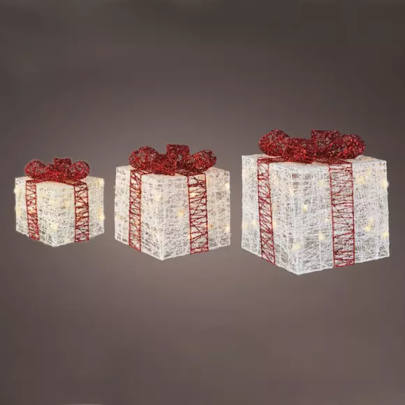 Eminza Lot De 3 Cadeaux Lumineux 65 LED (H25 Cm) Santa Blanc Et Blanc Chaud