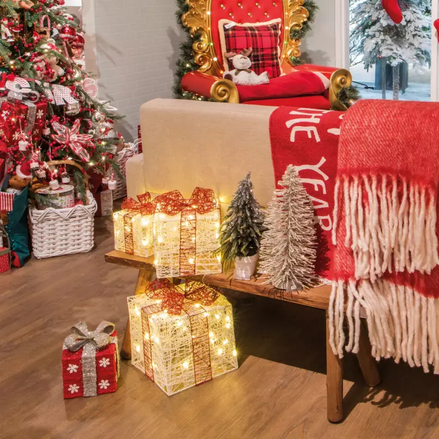 Eminza Lot De 3 Cadeaux Lumineux 65 LED (H25 Cm) Santa Blanc Et Blanc Chaud