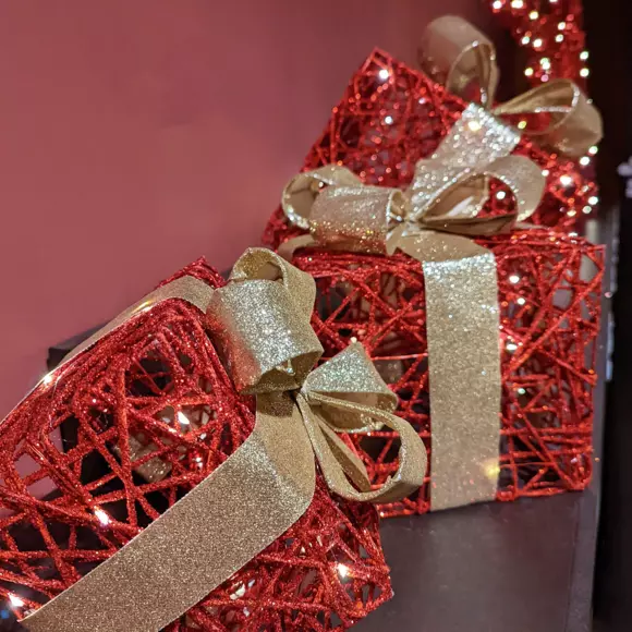Eminza Lot De 3 Cadeaux Lumineux à Piles 30 LED (H30 Cm) Féerie Rouge Et Blanc Chaud