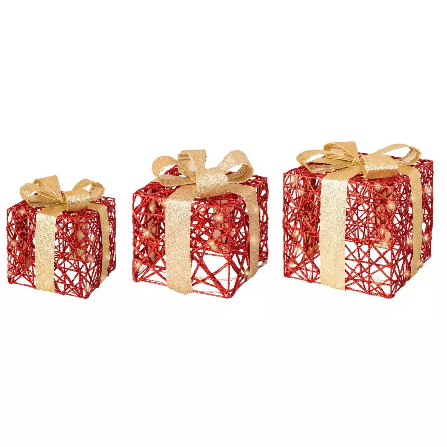 Eminza Lot De 3 Cadeaux Lumineux à Piles 30 LED (H30 Cm) Féerie Rouge Et Blanc Chaud