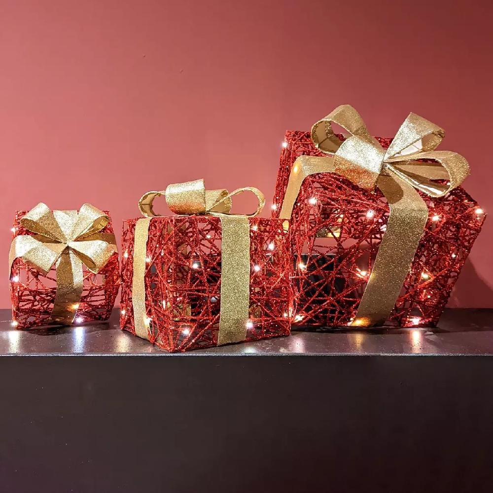 eminza Lot de 3 cadeaux lumineux à piles 30 LED (H30 cm) Féerie Rouge et Blanc chaud