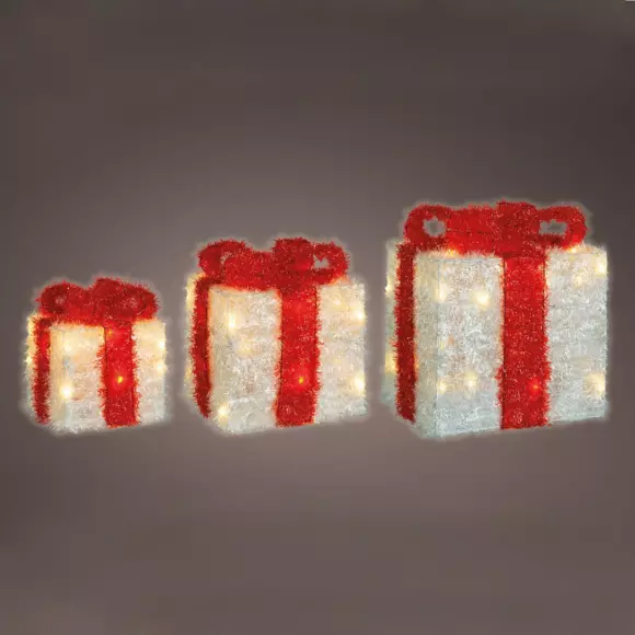 Eminza Lot De 3 Cadeaux Lumineux à Piles 65 LED (H30 Cm) Ruban Rouge Et Blanc Chaud