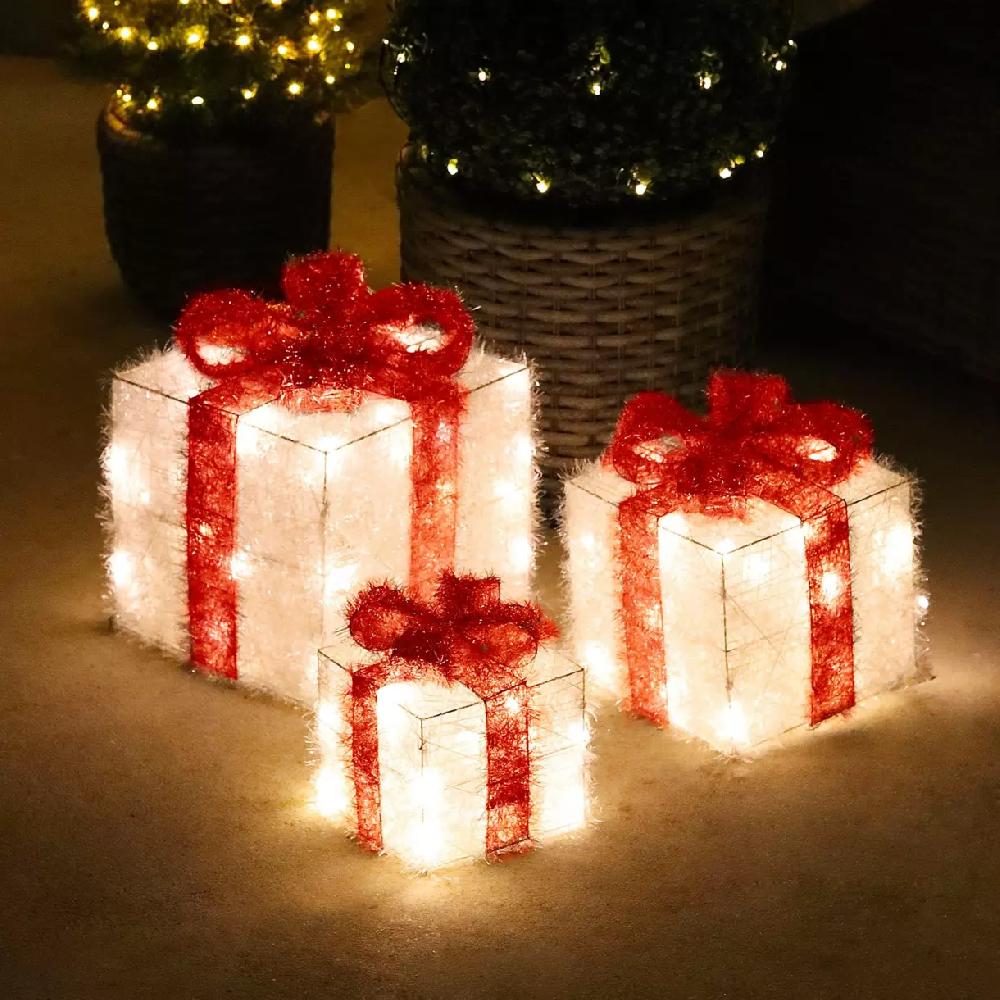 eminza Lot de 3 cadeaux lumineux à piles 65 LED (H30 cm) Ruban Rouge et Blanc chaud