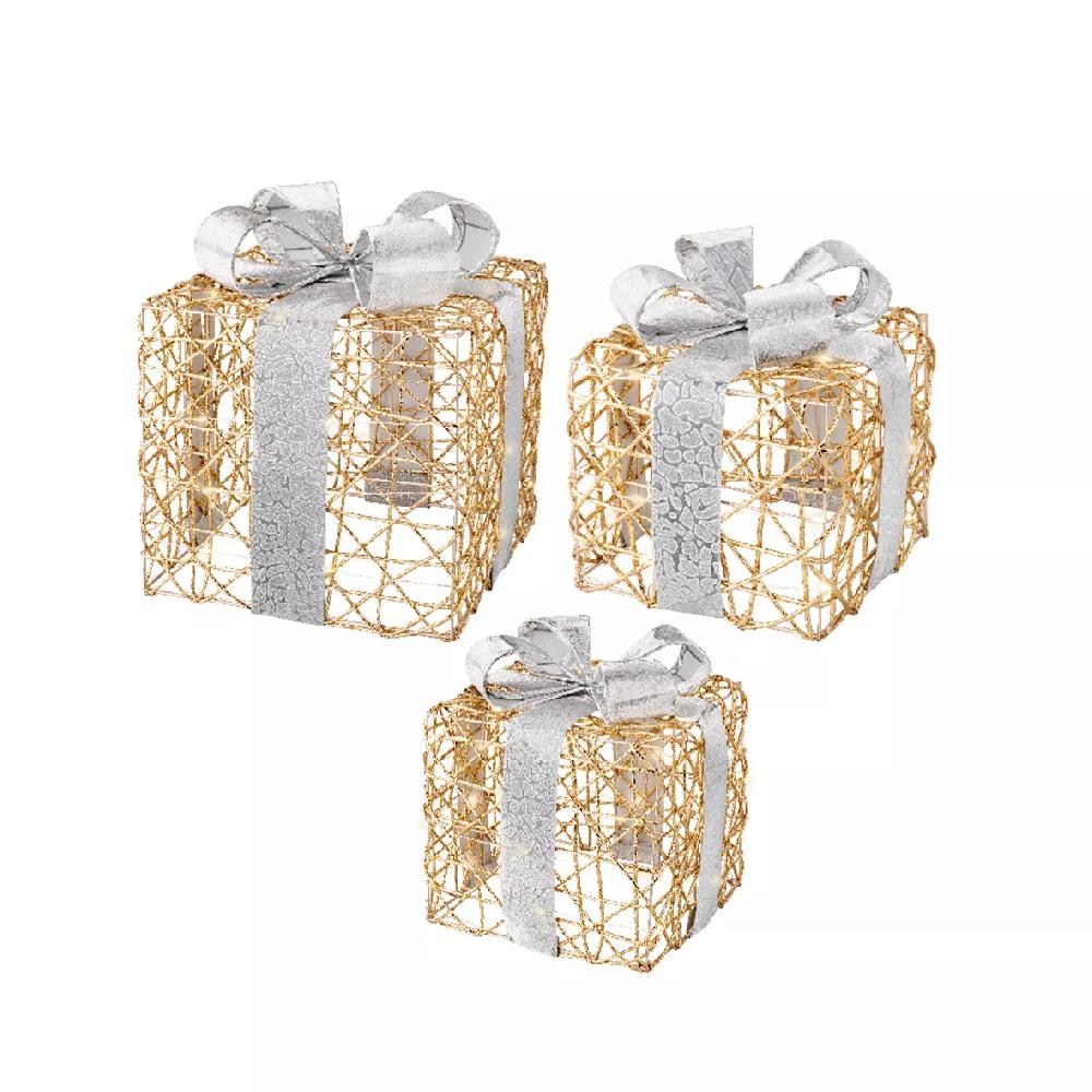 eminza Lot de 3 cadeaux lumineux à piles 90 LED (H29 cm) Festif Or et blanc chaud