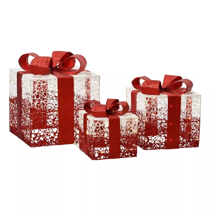 Eminza Lot De 3 Cadeaux Lumineux à Piles 90 LED (H30 Cm) London Rouge Et Blanc Chaud