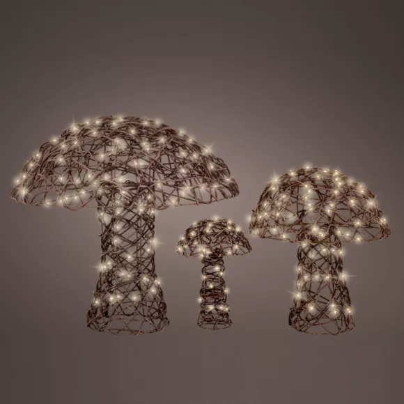 Eminza Lot De 3 Champignons Lumineux 260 Micro LED (H45 Cm) Résine Tressée Brun/Blanc Chaud