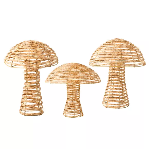 Eminza Lot De 3 Champignons Lumineux 270 Micro LED (H45 Cm) Résine Tressée Naturel/Blanc Chaud