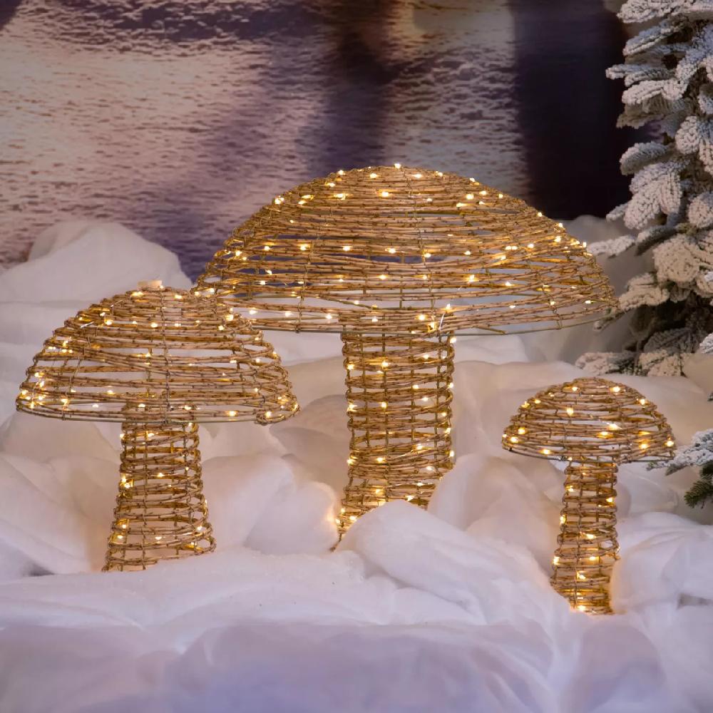 eminza Lot de 3 champignons lumineux 270 Micro LED (H45 cm) Résine tressée Naturel/Blanc chaud