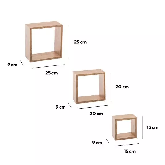 Eminza Lot De 3 étagères Bois (H15-20-25 Cm) Cube Naturel