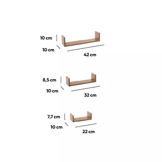 Eminza Lot De 3 étagères Murales En Bois (L22-32-42 Cm) Bord Naturel