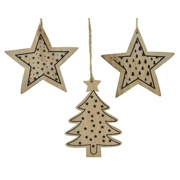 Eminza Lot De 3 étoiles Et Sapins à Suspendre (H12 Cm) Bois Naturel