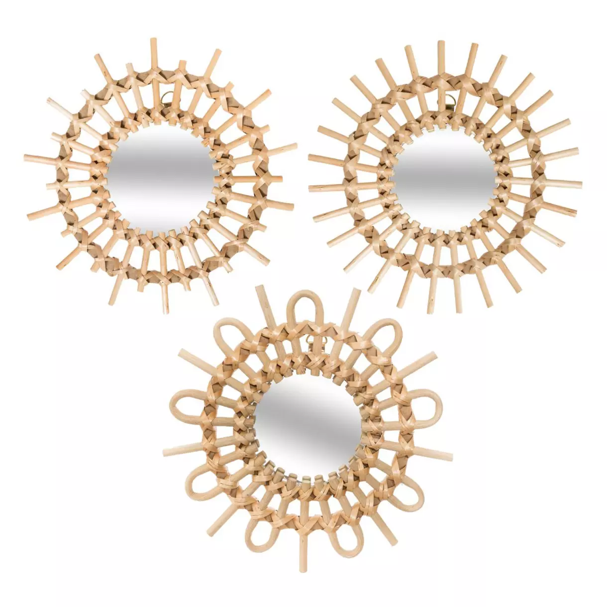 eminza Lot de 3 miroirs (D28 cm) Soleil Rotin Naturel