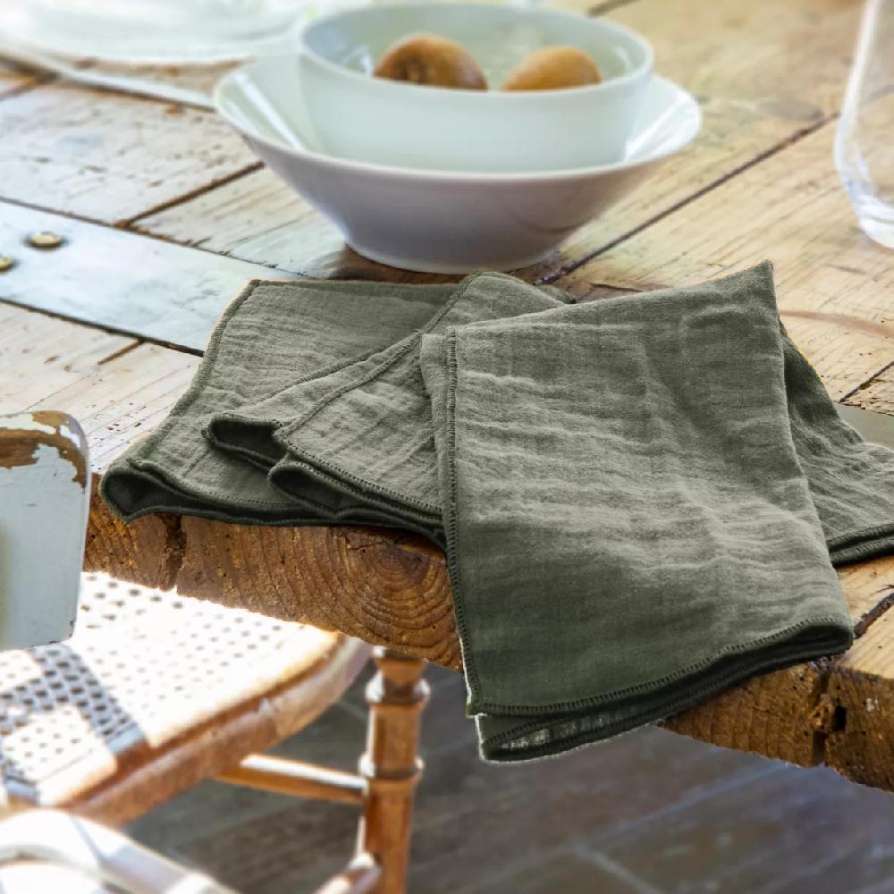 eminza Lot de 3 serviettes gaze de coton (40 x 40 cm) Gaïa Vert romarin