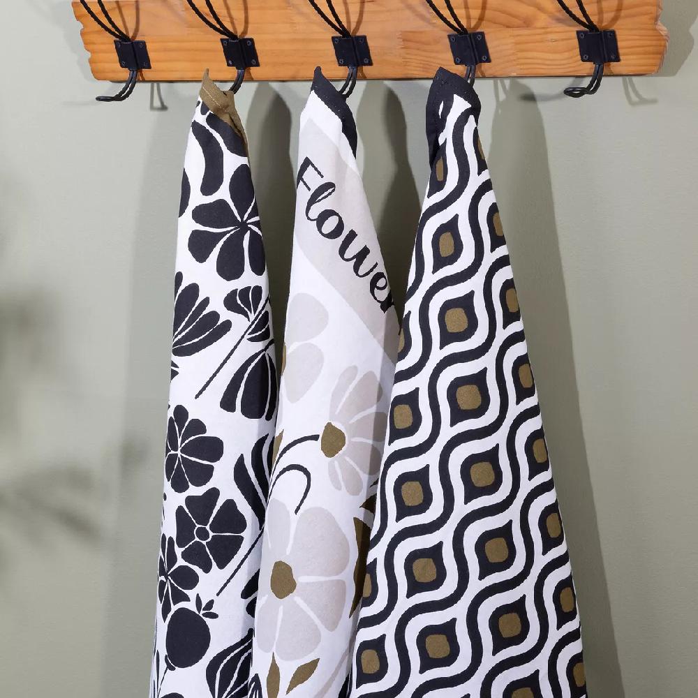 eminza Lot de 3 torchons coton (45 x 70 cm) Twist Noir
