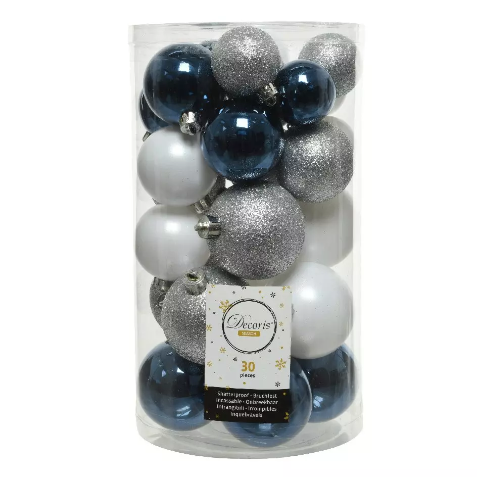 eminza Lot de 30 boules de Noël Alpine mix couleurs Argent / Bleu nuit