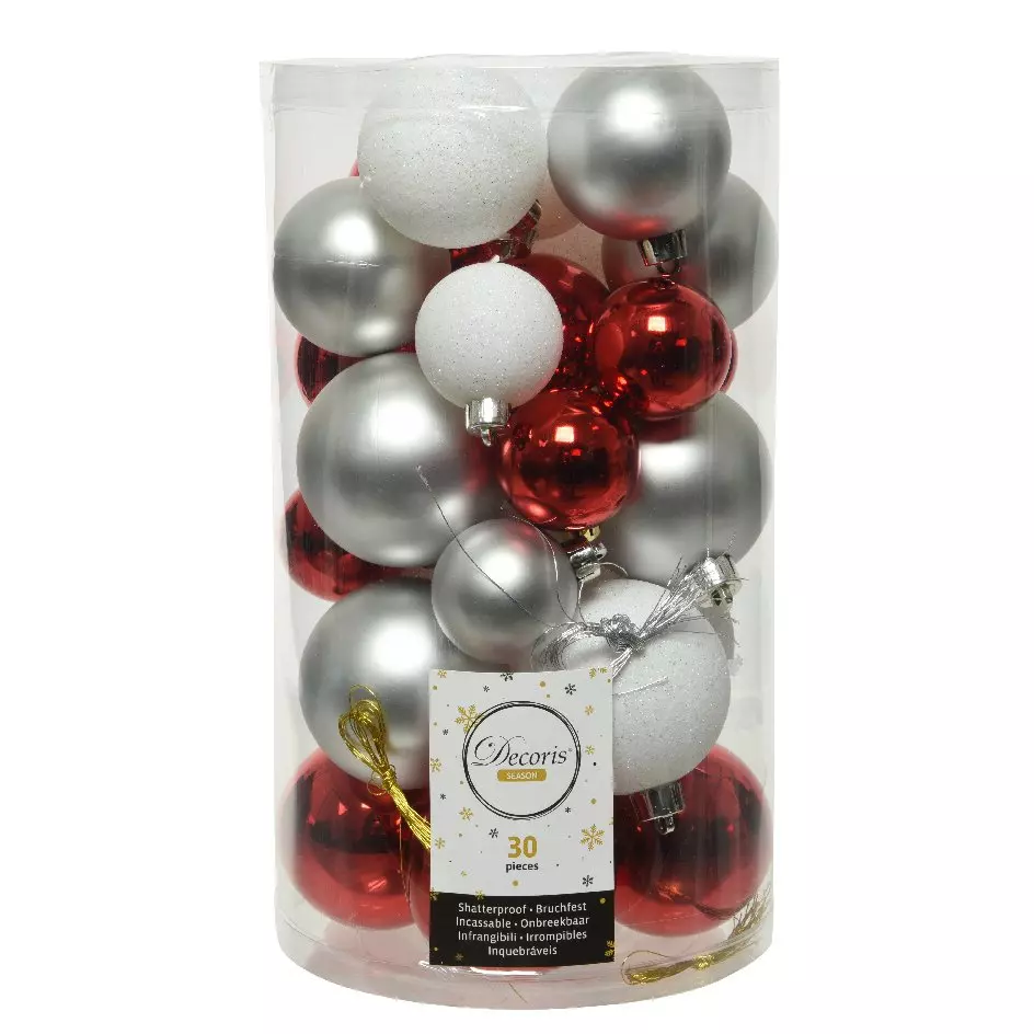 eminza Lot de 30 boules de Noël Alpine mix couleurs Rouge / Argent
