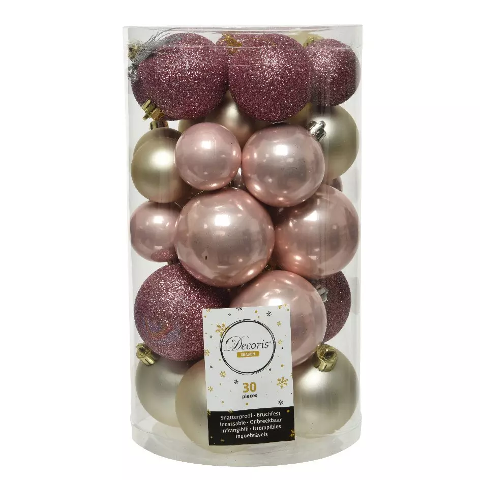 eminza Lot de 30 boules de Noël Alpine mix couleurs Vieux rose / Rose poudré