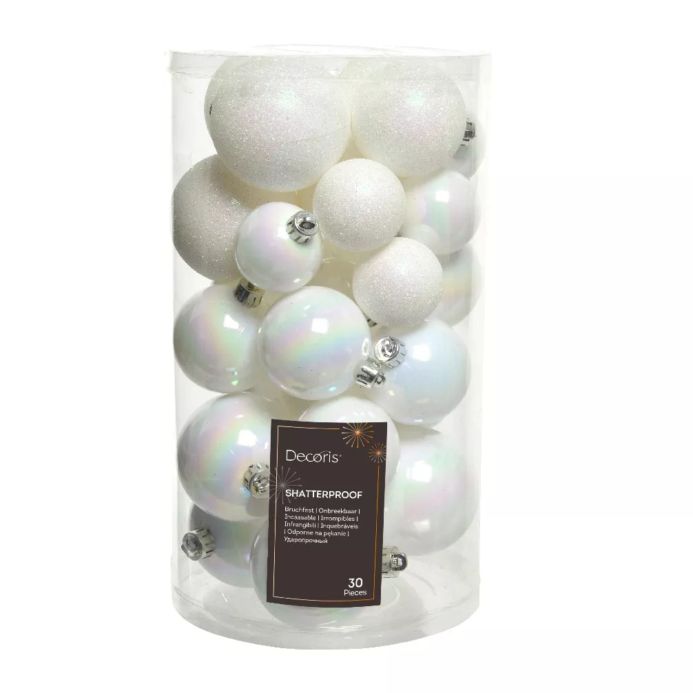 eminza Lot de 30 boules de Noël assorties Alpine Blanc irisé
