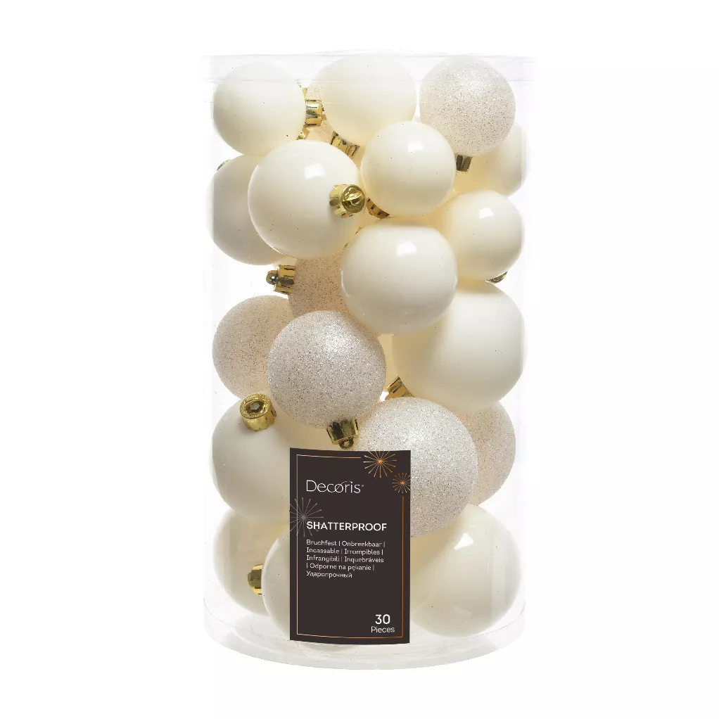 eminza Lot de 30 boules de Noël assorties Alpine Blanc laine