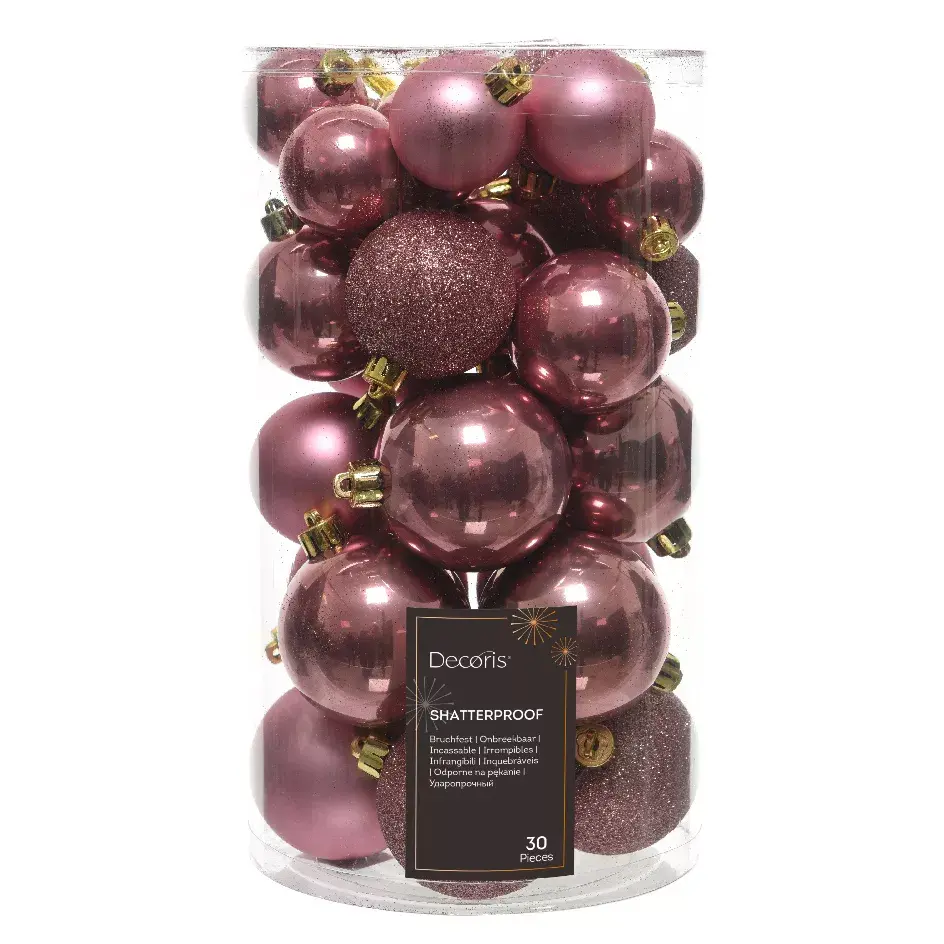 eminza Lot de 30 boules de Noël assorties Alpine Vieux rose