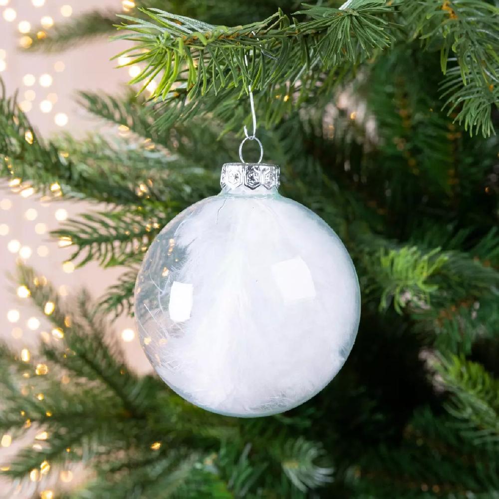 eminza Lot de 4 boules de Noël en verre (D70 mm) Plumes Transparent