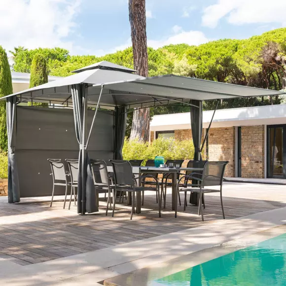 Eminza Lot De 4 Rideaux De Tonnelle Et 2 Auvents (3 X 3 M) Amalya Gris Ardoise