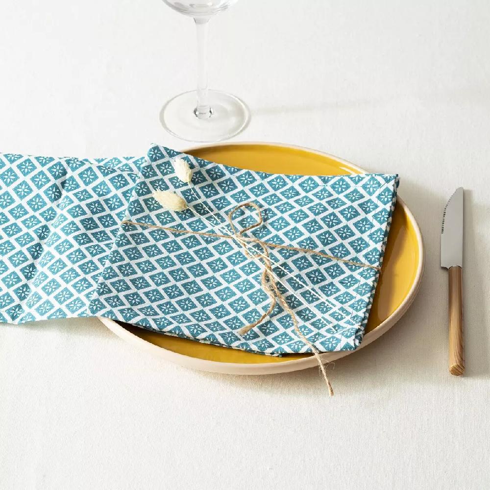 eminza Lot de 4 serviettes coton (40 x 40 cm) Tika Bleu canard