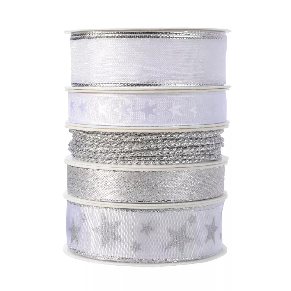 eminza Lot de 5 rubans de Noël 3 m - Satin et étoiles Argent