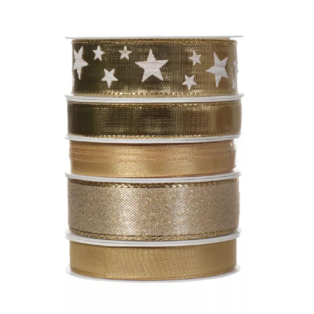 eminza Lot de 5 rubans de Noël 3 m - Satin et étoiles Or
